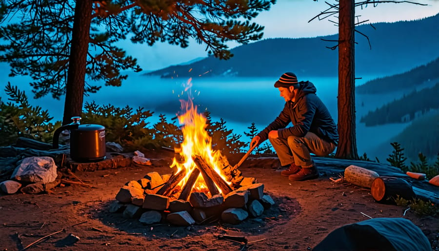 Camper starting a fire in a campfire ring