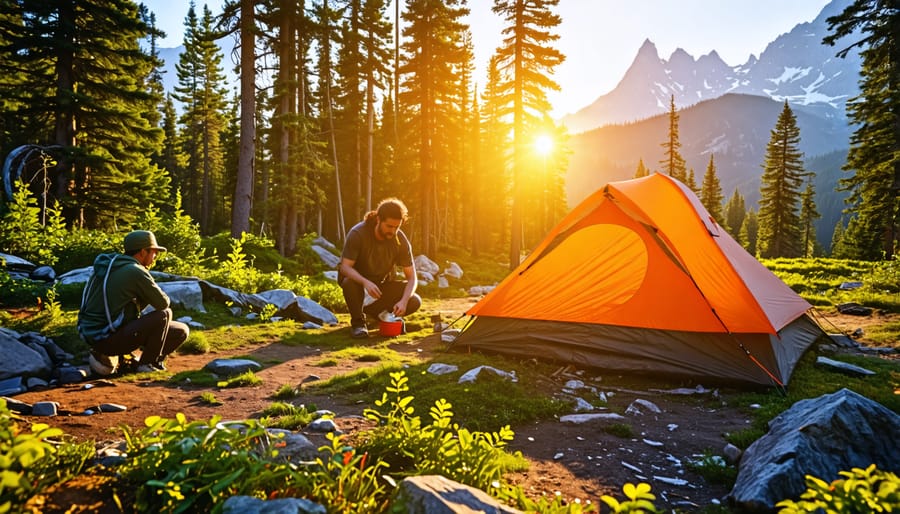 Campers pitching a tent in the Dillon wilderness