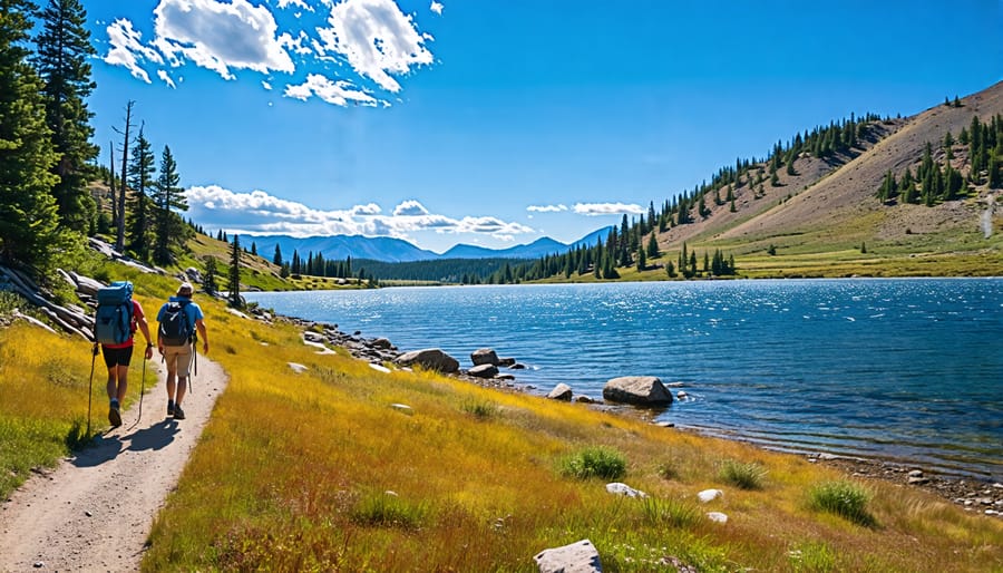 People hiking on a scenic trail beside Old Dillon Reservoir